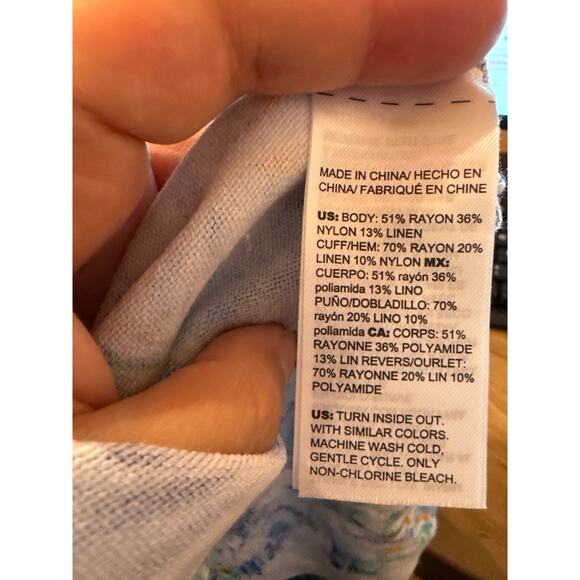 Chico's Blue Yellow Shell Print Linen Blend Cardigan - 2 or L - Open Front - Picture 4 of 4